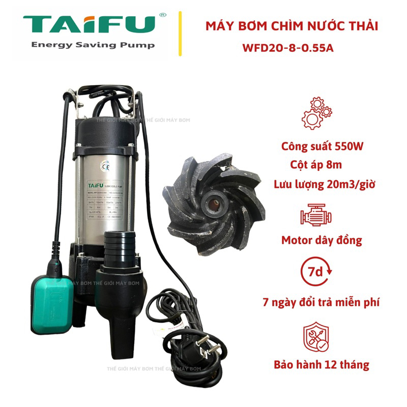 Máy bơm chìm nước thải 550W (0.75HP) Thân INOX 304 TAIFU WFD20-8-0.55A - Bảo hành 1 năm