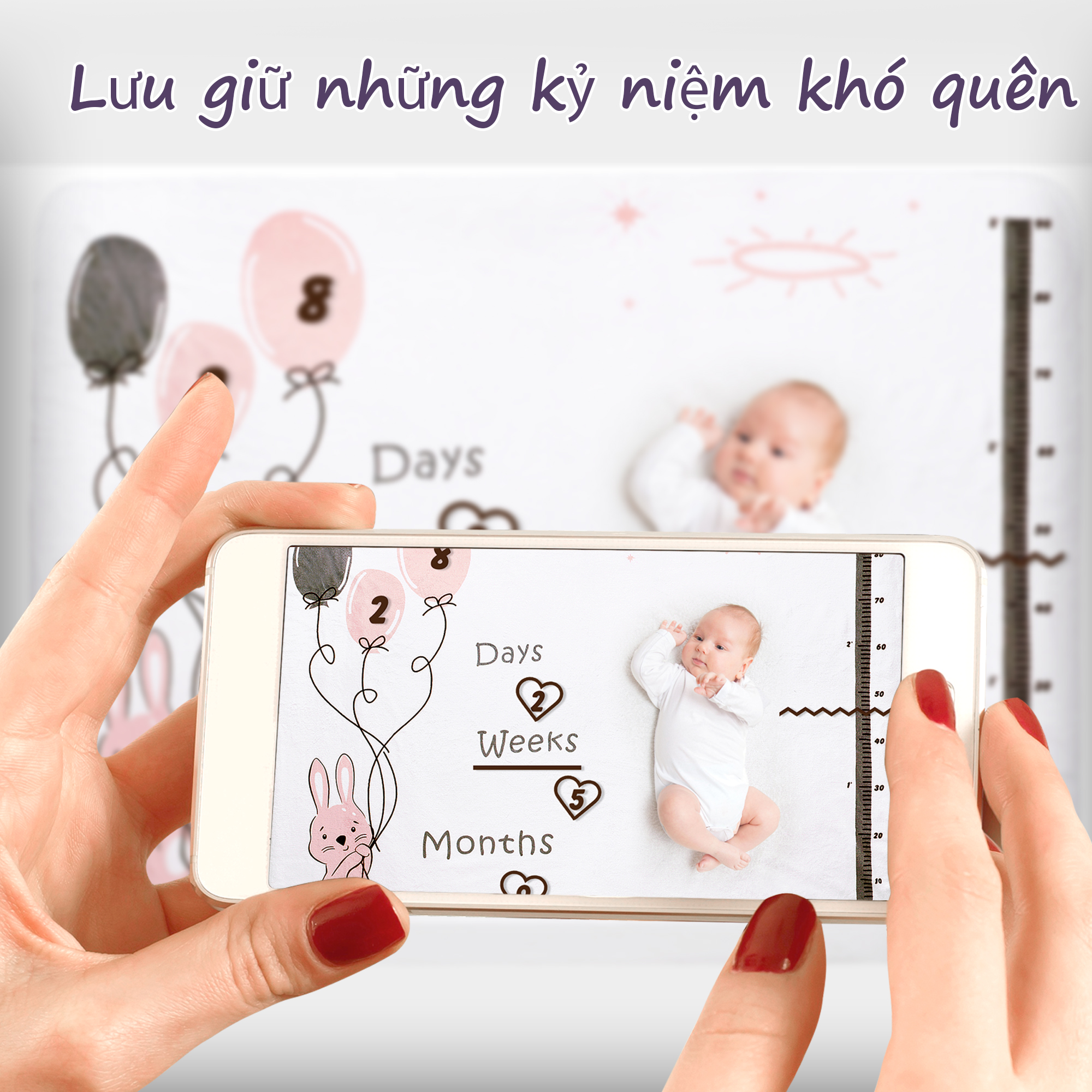 Chăn quấn Miraclebaby vải nhung cao cấp mềm mịn đánh dấu cột mốc tháng tuổi phát triển , phụ kiện chụp ảnh cho bé ( từ 0-12 tháng)