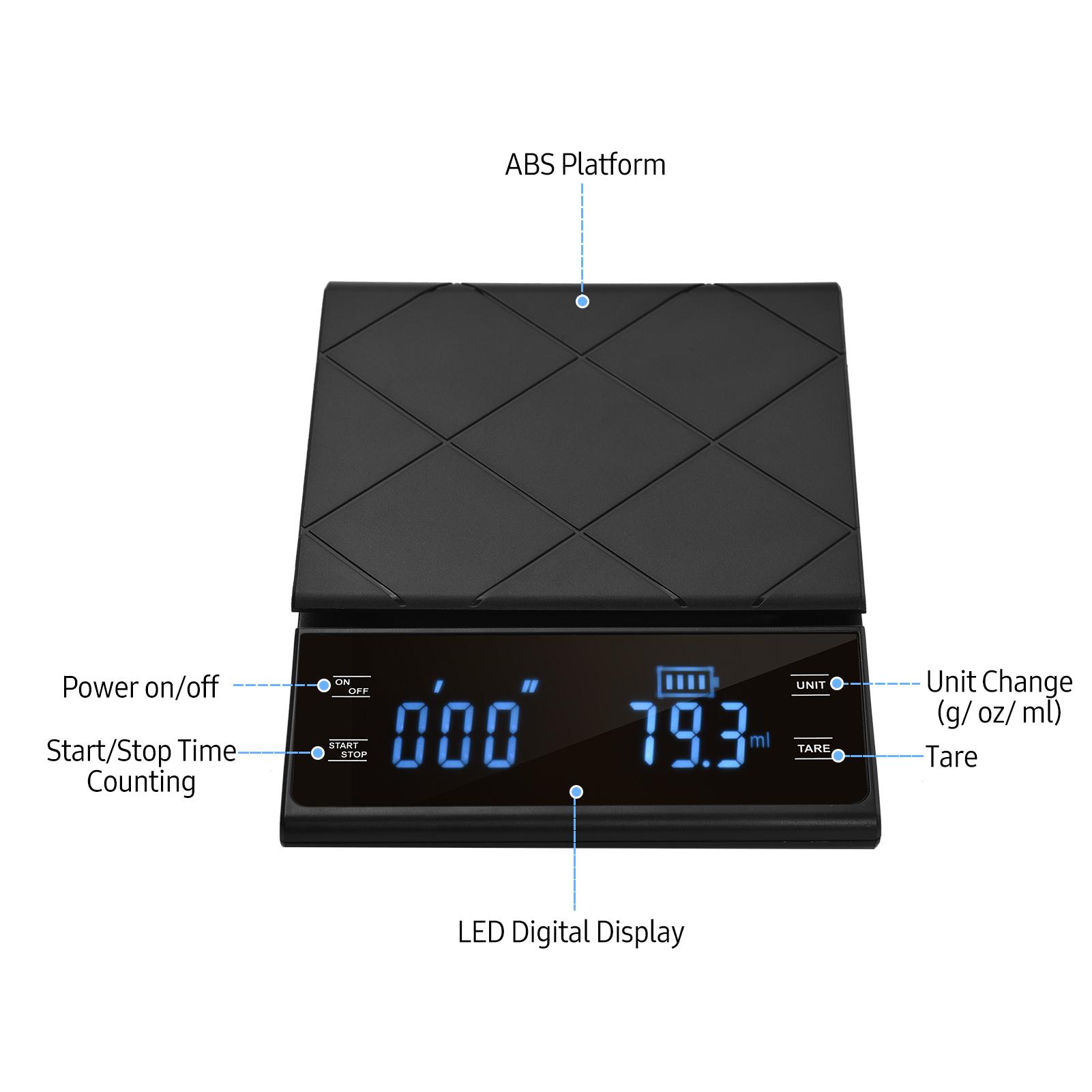 Cân nhà bếp cảm ứng đèn LED kỹ thuật số 3kg/ 0,1g Đếm thời gian chính xác cao Cân pha cà phê Cân thực phẩm điện tử di động có thay đổi đơn vị/bì để nấu nướng