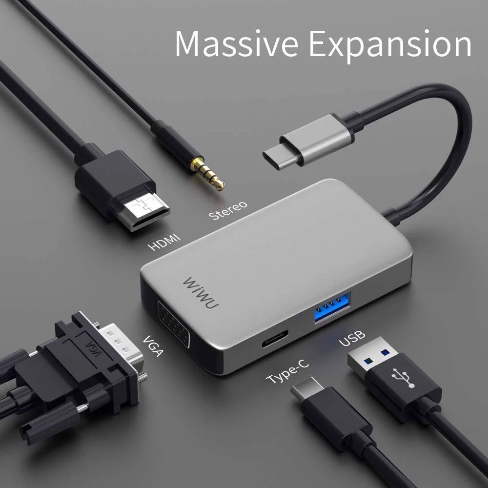 CỔNG CHUYỂN WIWU 5IN1 ALPHA USB-C Hub A513HVP HDMI 4K VGA USB 3.0 Jack 3.5mm PD 87W Hỗ Trợ Cho Các Dòng Ipad Pro, Macbook, Smartphone Chất Liệu Vỏ Nhôm Nguyên Khối Cao Cấp - Hàng Chính Hãng