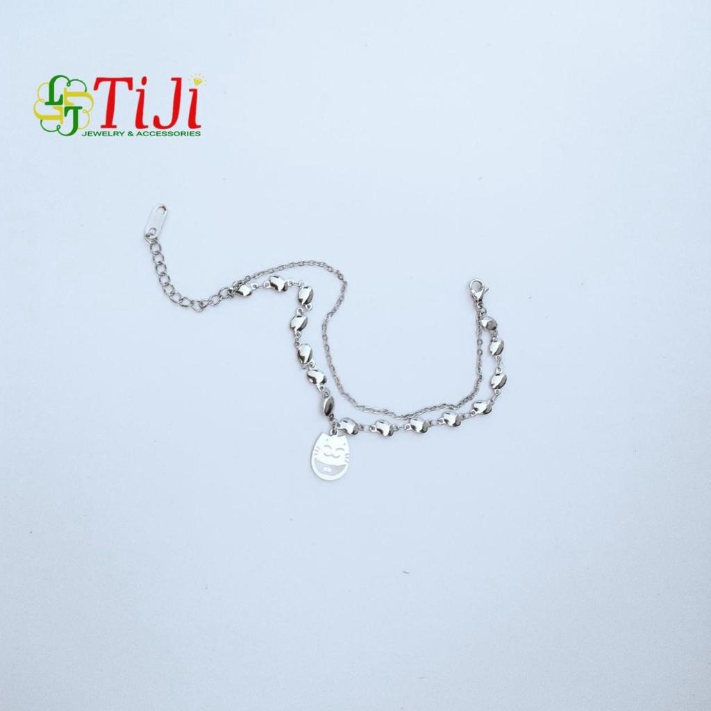 Lắc tay lắc chân nữ inox 2 tầng mèo may mắn sáng đẹp không đen không gỉ sét