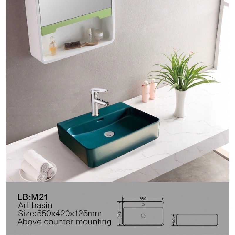 Lavabo sứ đặt bàn vuông xanh