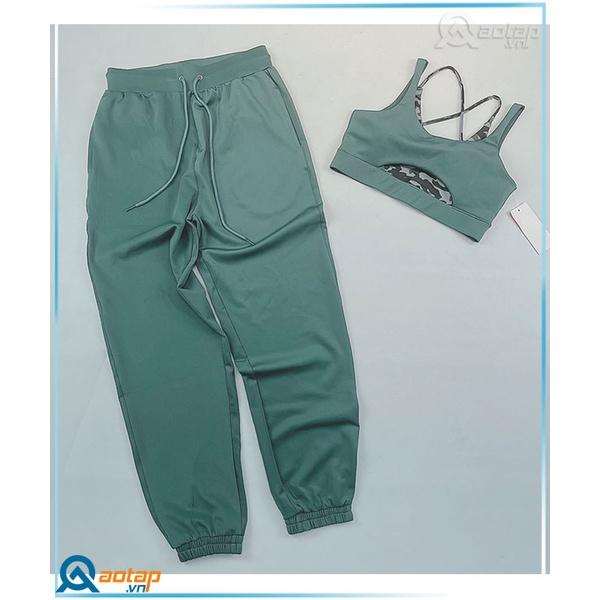 Set Tập Dài Bra 2 Lớp Phối Quần Jogger 2 Túi Xanh Rêu - Quần Áo Thể Thao Nữ Mẫu Mới