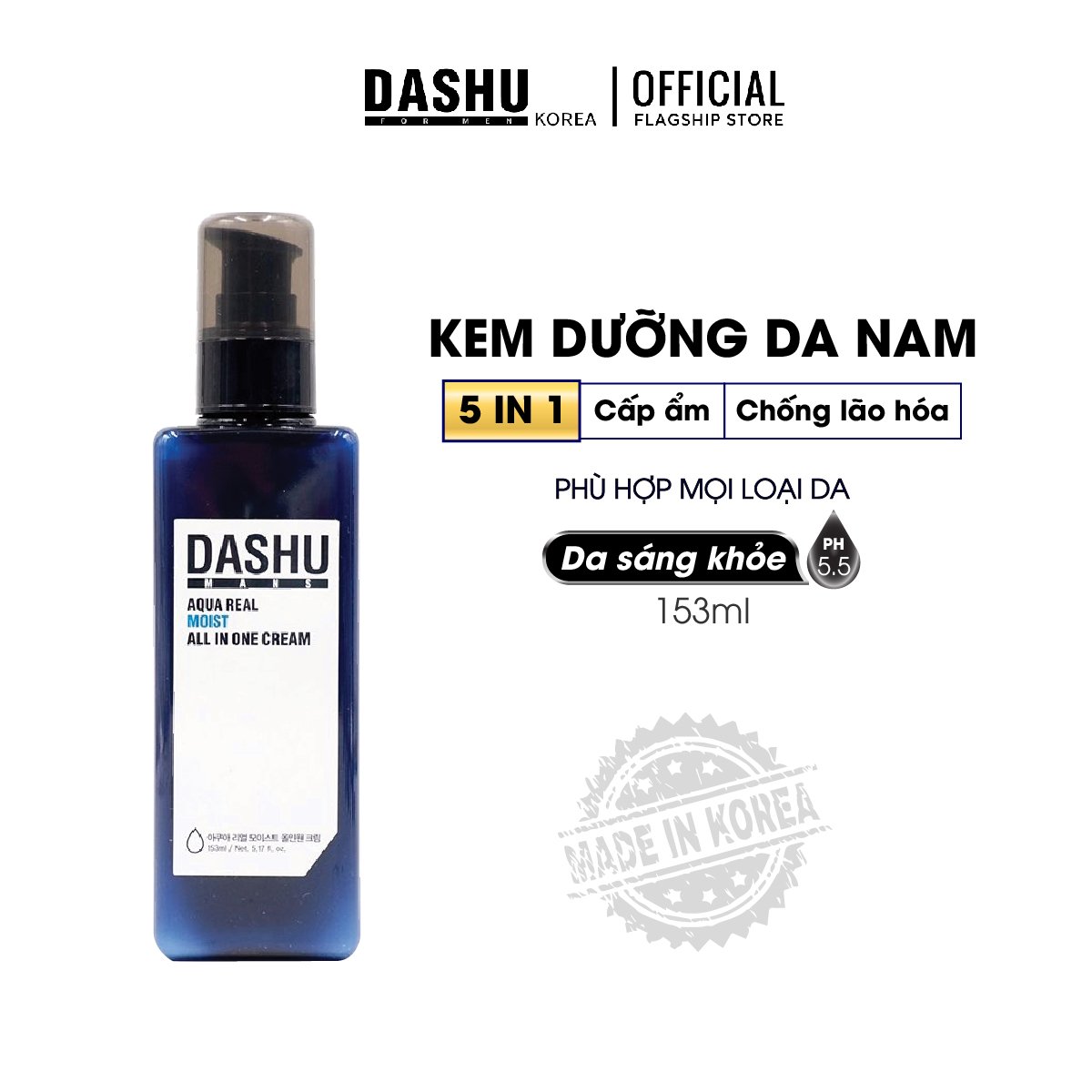 Kem dưỡng da cho Nam 5 in 1(Skin + Lotion + Essence + Moisturizing Cream + Nutritional Cream) Dashu Mans Aqua Real Moist All in One Cream 153ml, kem dưỡng da ban đêm, ban ngày cung cấp độ ẩm cho da khô, hạn chế lão hóa, chính hãng Hàn Quốc.