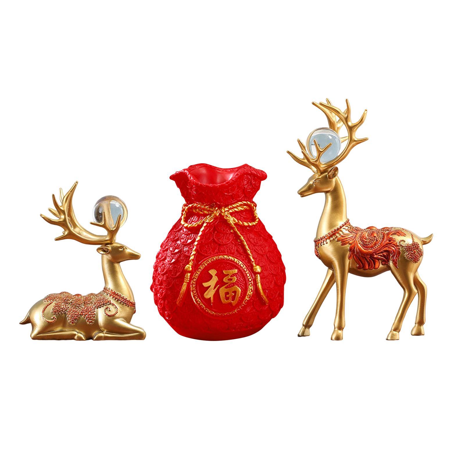 Set 3 Tượng : Túi May Mắn, 2 Tượng Nai Sừng Tấm Trang Trí Nhà Cửa Phòng Khách Năm Mới