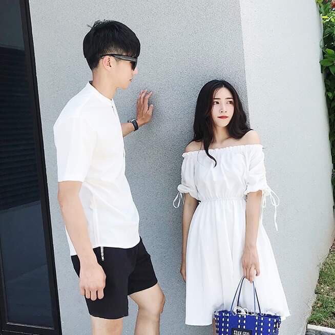 Set đồ đôi áo váy cặp CoupleTina cao cấp -Màu Trắng hở vai - Chất liệu siêu mịn - Phù hợp cặp đôi thích đơn giản
