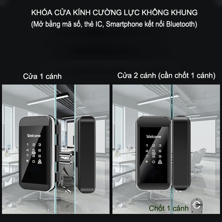 Khóa kỹ thuật số cho cửa kính cường lực không khung, mở bằng mã số, thẻ IC, App điện thoại kết nối Bluetooth