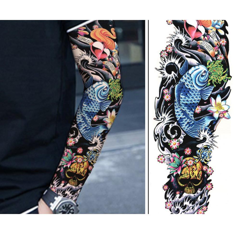 Combo 2 tấm hình xăm dán tattoo kín tay 17x48cm CÁ CHÉP XANH, ĐỎ VÀ RỒNG VÀNG