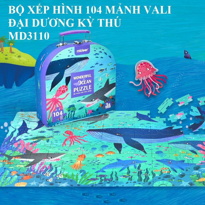 Bộ xếp hình 104 mảnh mẫu Vali mới nhất Khám Phá Đại Dương chính hãng Mideer WONDERFUL OCEAN Puzzle