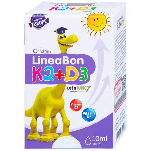 Lineabon Vitamin D3 K2 giúp bé cao lớn, ngủ ngon, giảm còi xương cho trẻ sơ sinh 10ml (dạng nhỏ giọt)