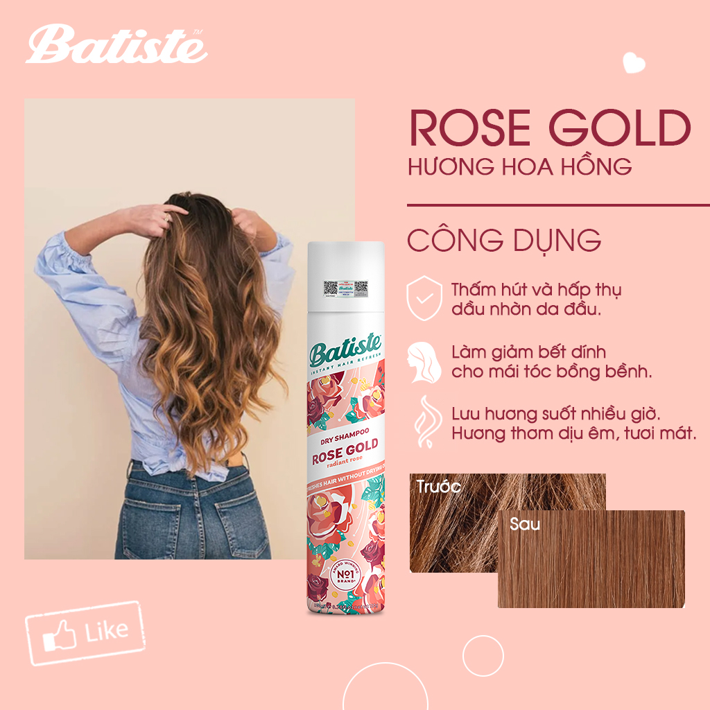 Dầu Gội Khô Batiste Hương Hoa Hồng - Batiste Dry Shampoo Rose Gold Radiant Rose 200ml