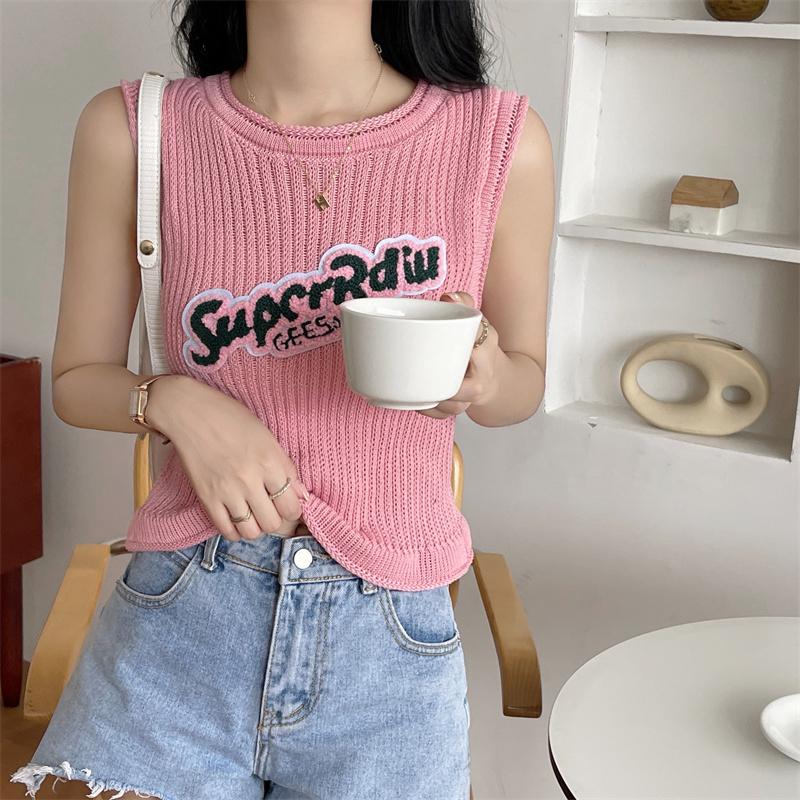 Áo len nữ Montoghi dệt kim Quảng Châu MÙA HÈ dáng croptop thêu chữ nổi xinh xắn