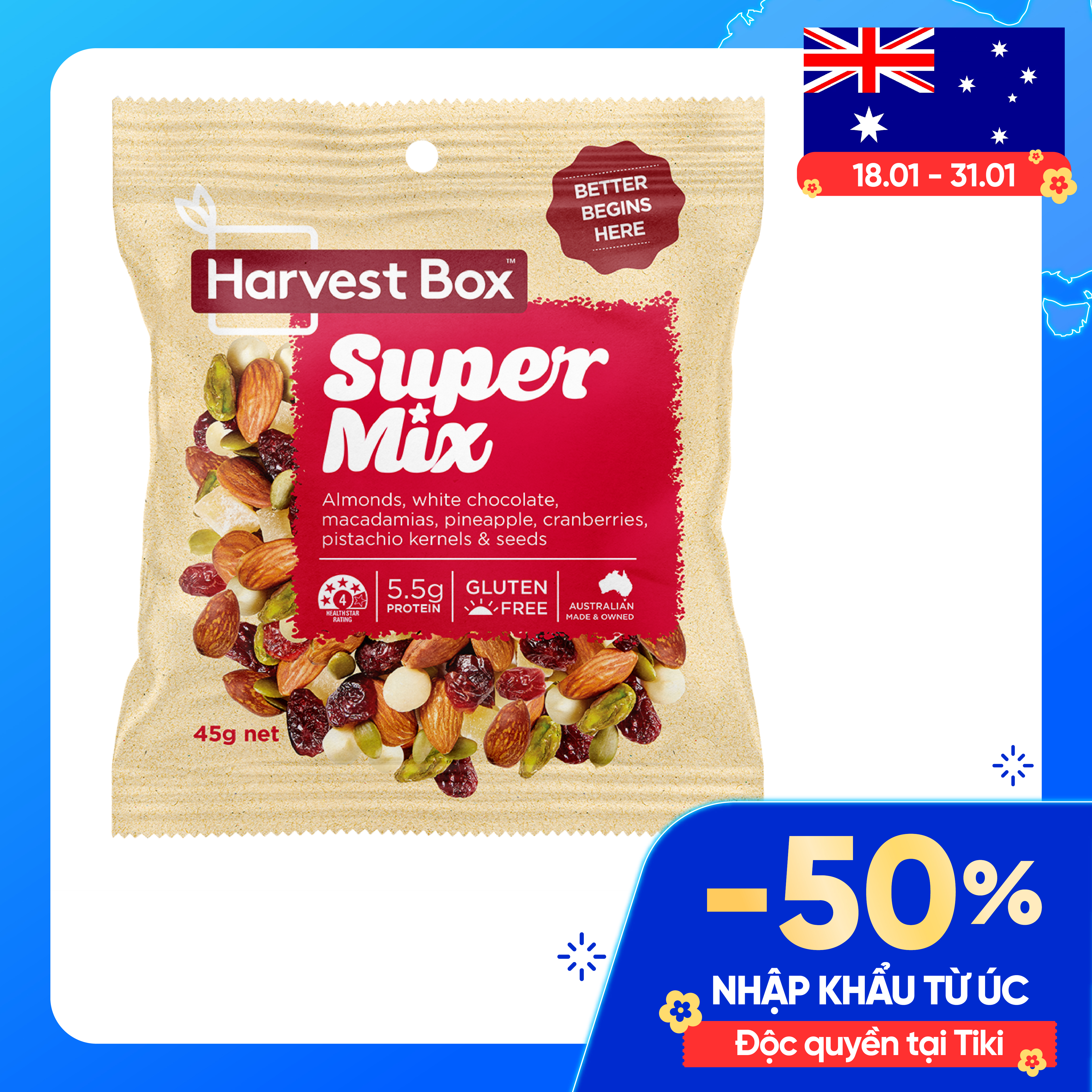 Hạt dinh dưỡng mix trái cây Super Mix Snack Packs Harvest Box - Bịch 45g