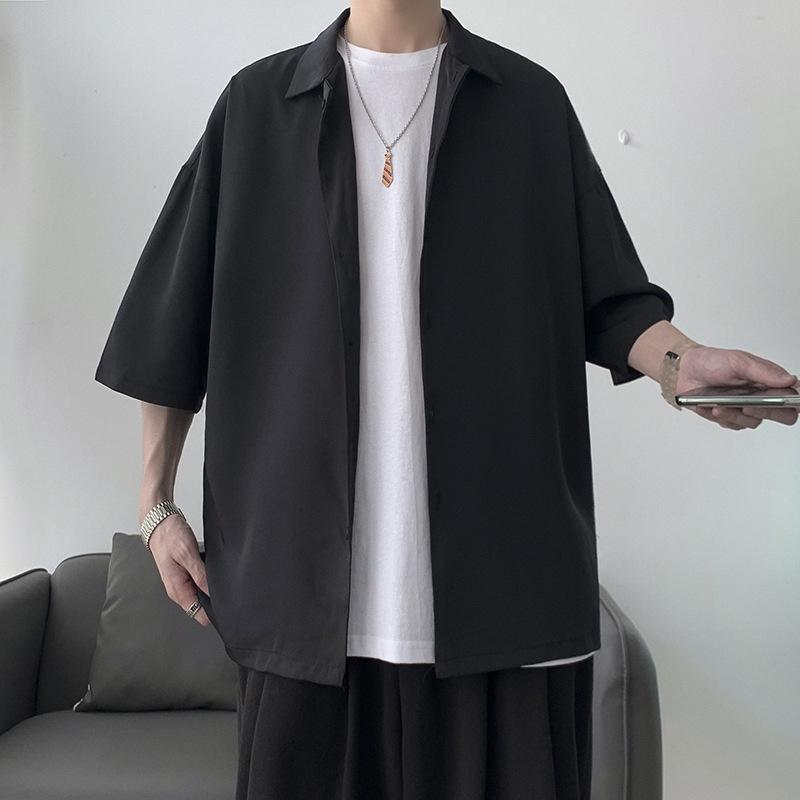 Áo Sơ Mi Tay Ngắn Dáng Rộng Màu Trơn Cổ Bẻ Phong Cách Harajuku Thời Trang Cho Nam Faruiline FARU019