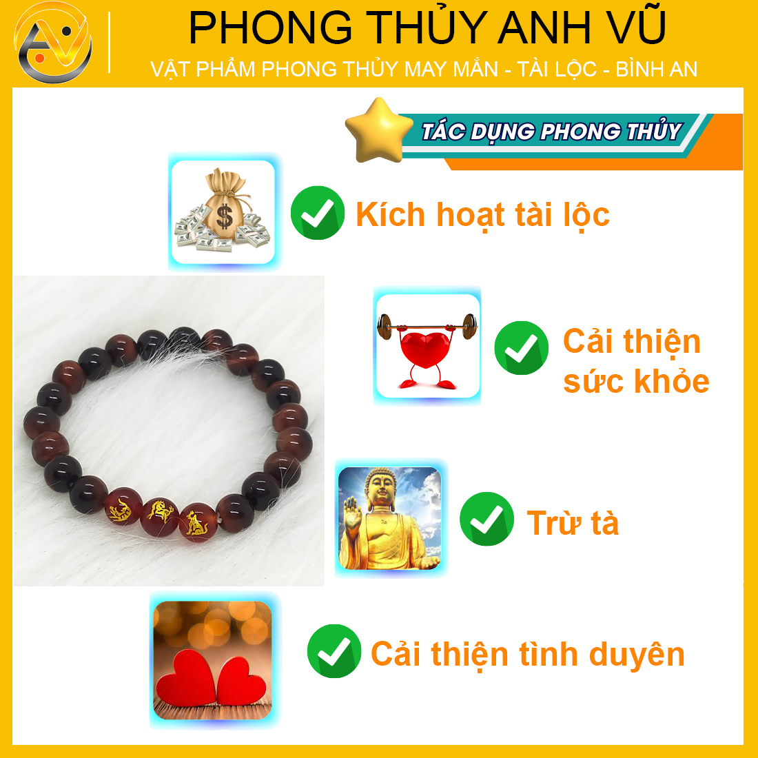 Vòng phong thủy mệnh hỏa dần ngọ tuất - chất liệu đá mắt hổ đỏ nâu - size 8 10 12ly cho nam nữ - may mắn tài lộc - Vòng Tam Hợp Anh Vũ