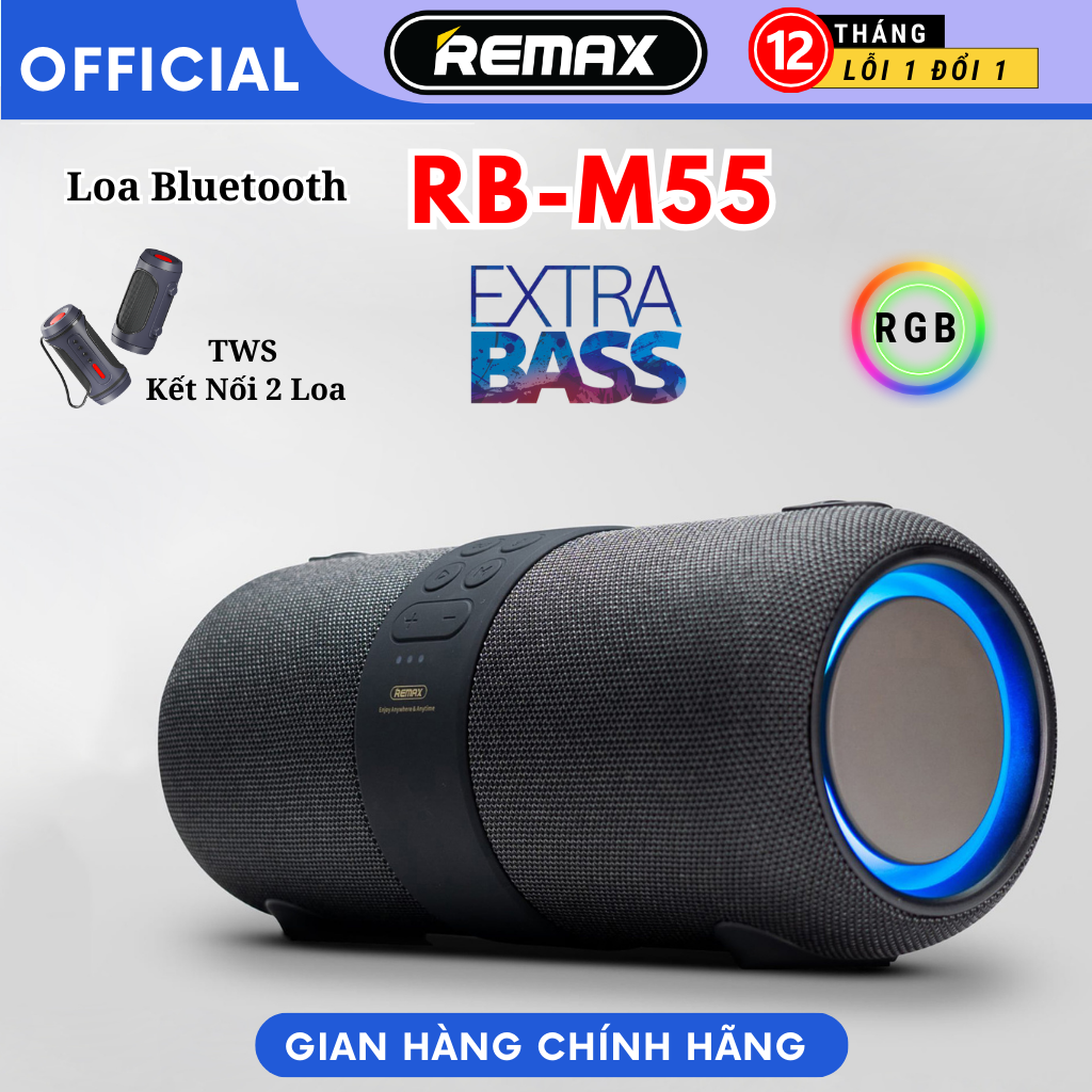 Loa Bluetooth du lịch chống nước chính hãng Remax RB-M55 - Âm bass mạnh mẽ kết hợp đèn Led RGB. - Hàng Chính hãng Remax