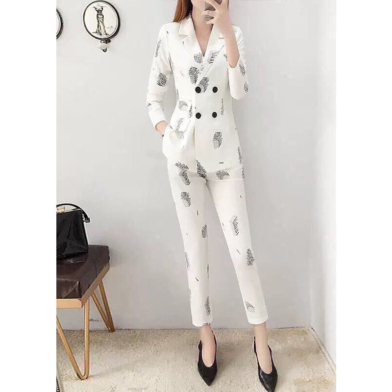 SET BỘ VEST FORM DÀI PHỐI HỌA TIẾT VÀ ĐÍNH 4 NÚT THANH LỊCH - NTL155
