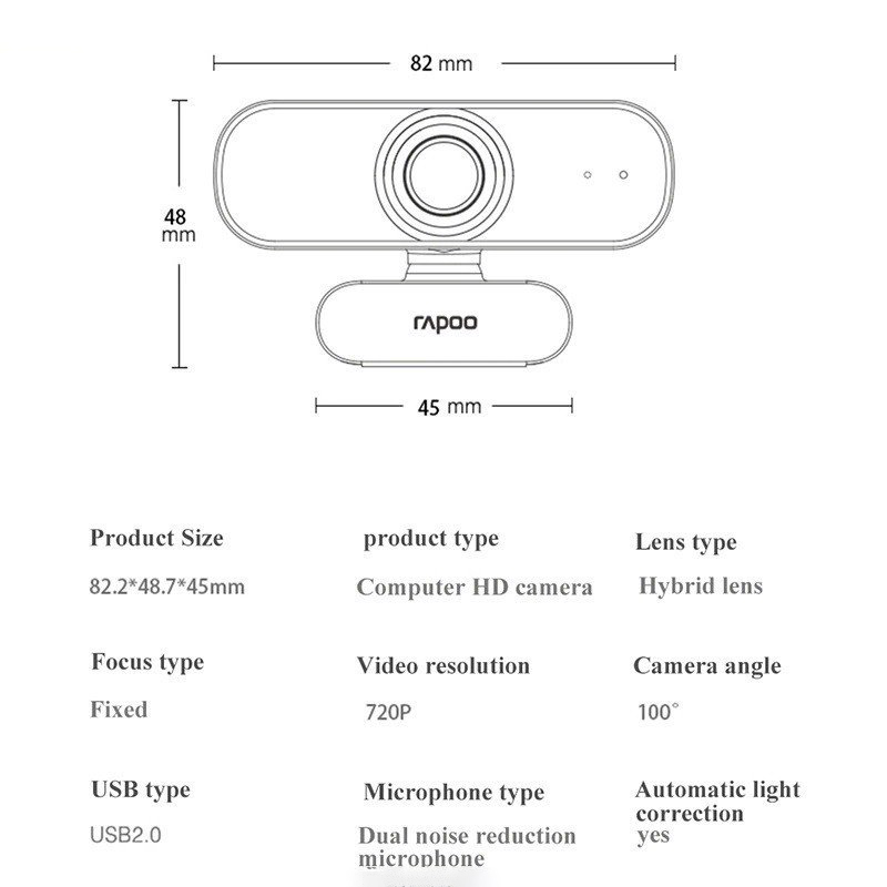 Webcam họp trực tuyến 720P, góc 100° siêu rộng, tự động lấy nét, giảm tiếng ồn - Rapoo C200 - Hàng chính hãng