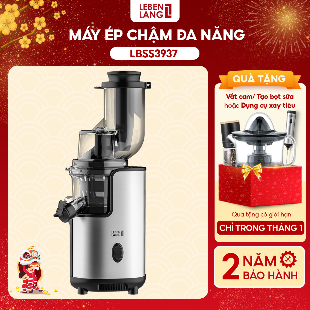 Máy ép chậm đa năng LEBENLANG LBSS3937, công suất 200W, nhỏ gọn tiện lợi, ép kiệt bã, bảo hành 2 năm – hàng chính hãng