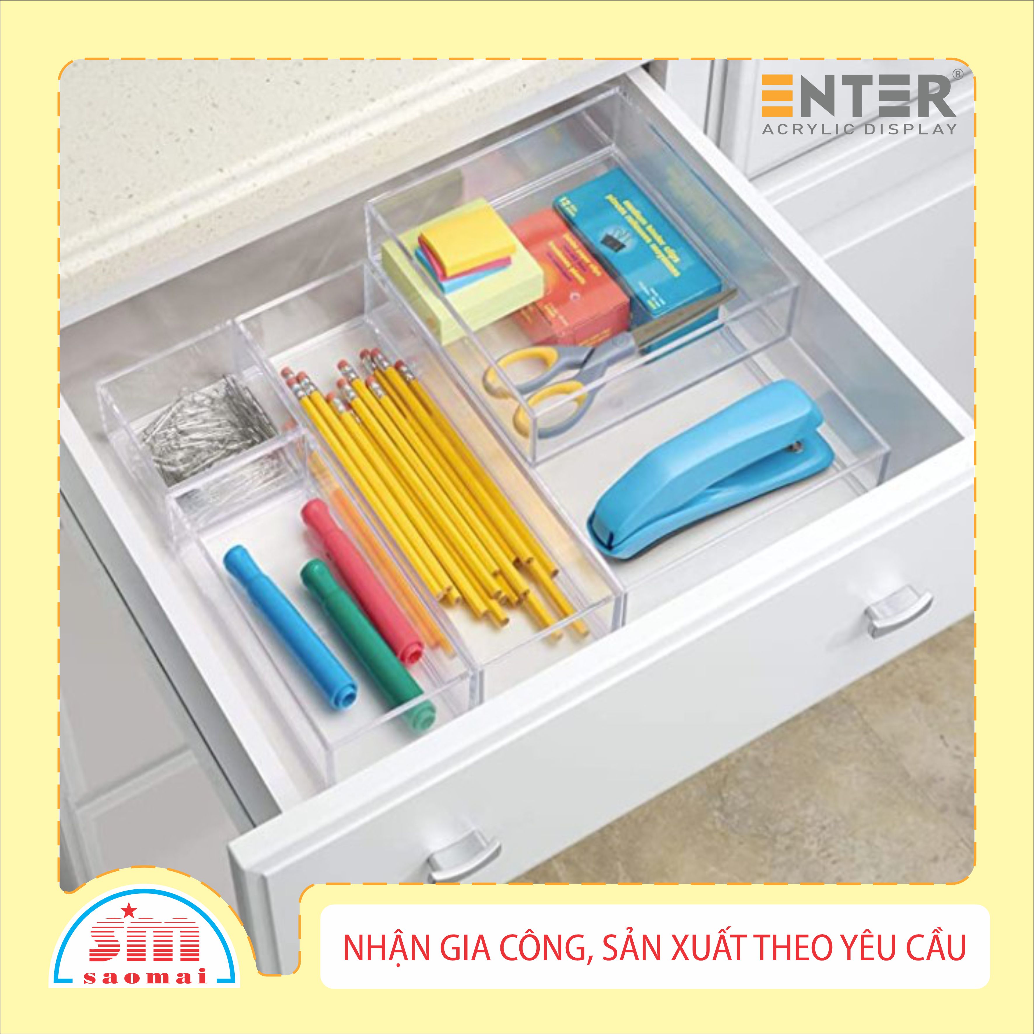 Hộp mica không nắp Enter TB105 285x185x100mm mica dày 3mm, Khay chia ngăn kéo hộc tủ, Khay nhựa đựng đồ dùng