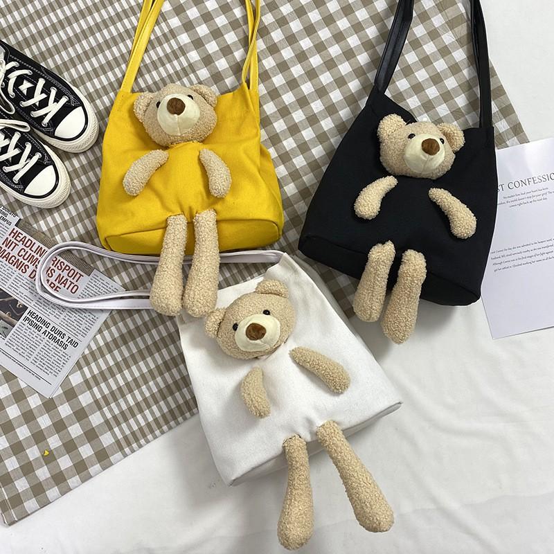 Cute Bear Canvas Bag Female Student Shoulder Messenger Bag Internet Celebrity Large Capacity Shoulder Bag