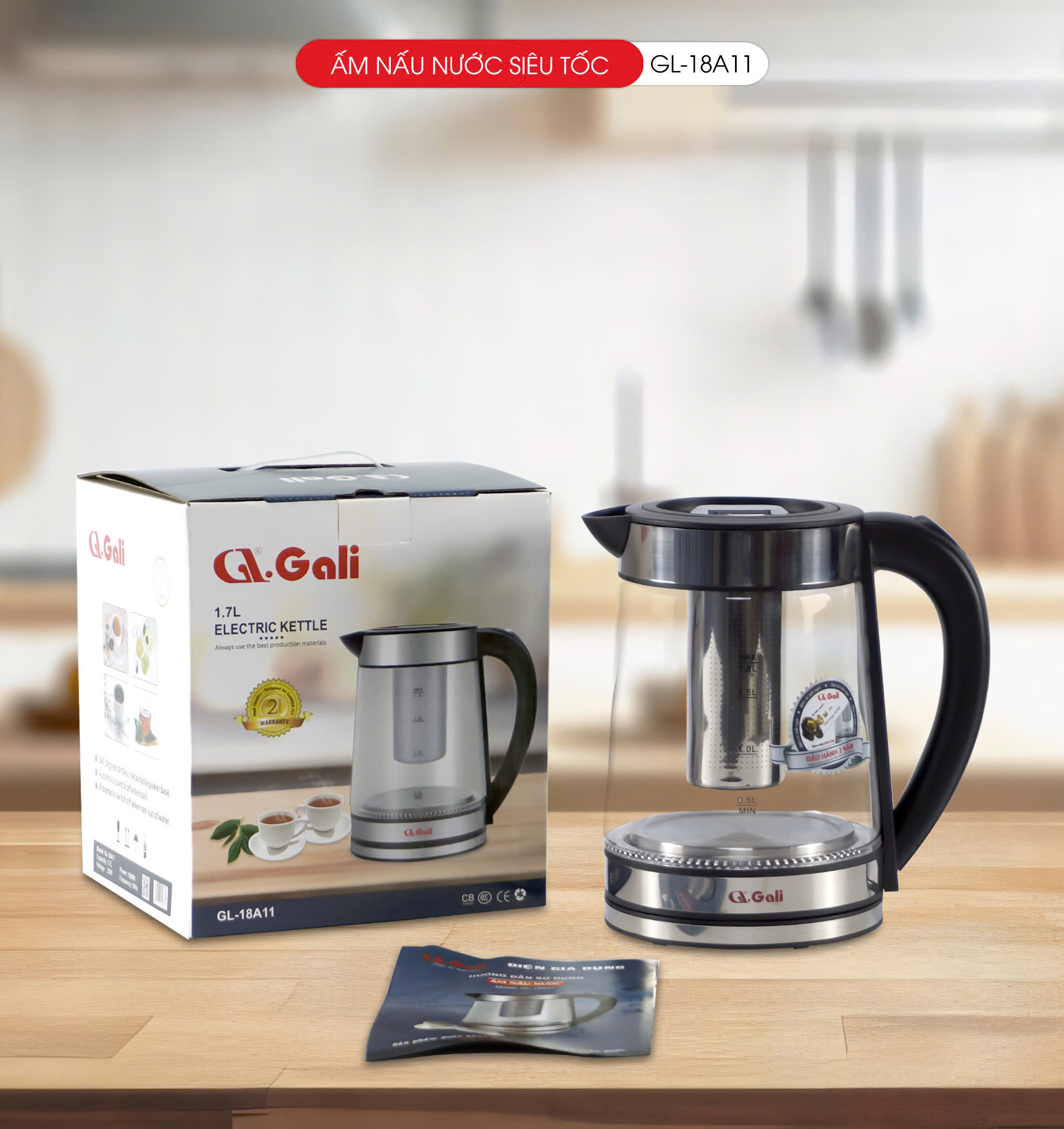 Ấm Nấu Nước Siêu Tốc Thủy Tinh Gali GL-18A11–Dung Tích 1.7L–Lưới Lọc Pha Trà–Mâm Nhiệt Inox 304–Tự Ngắt An Toàn