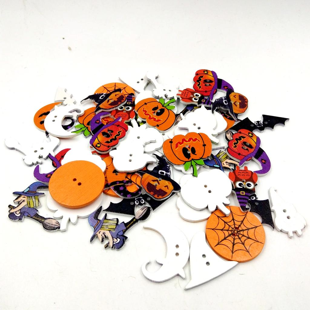 Bộ 100 Các Loại Gỗ Halloween Nút 2 Lỗ Nút May Thêu Sò