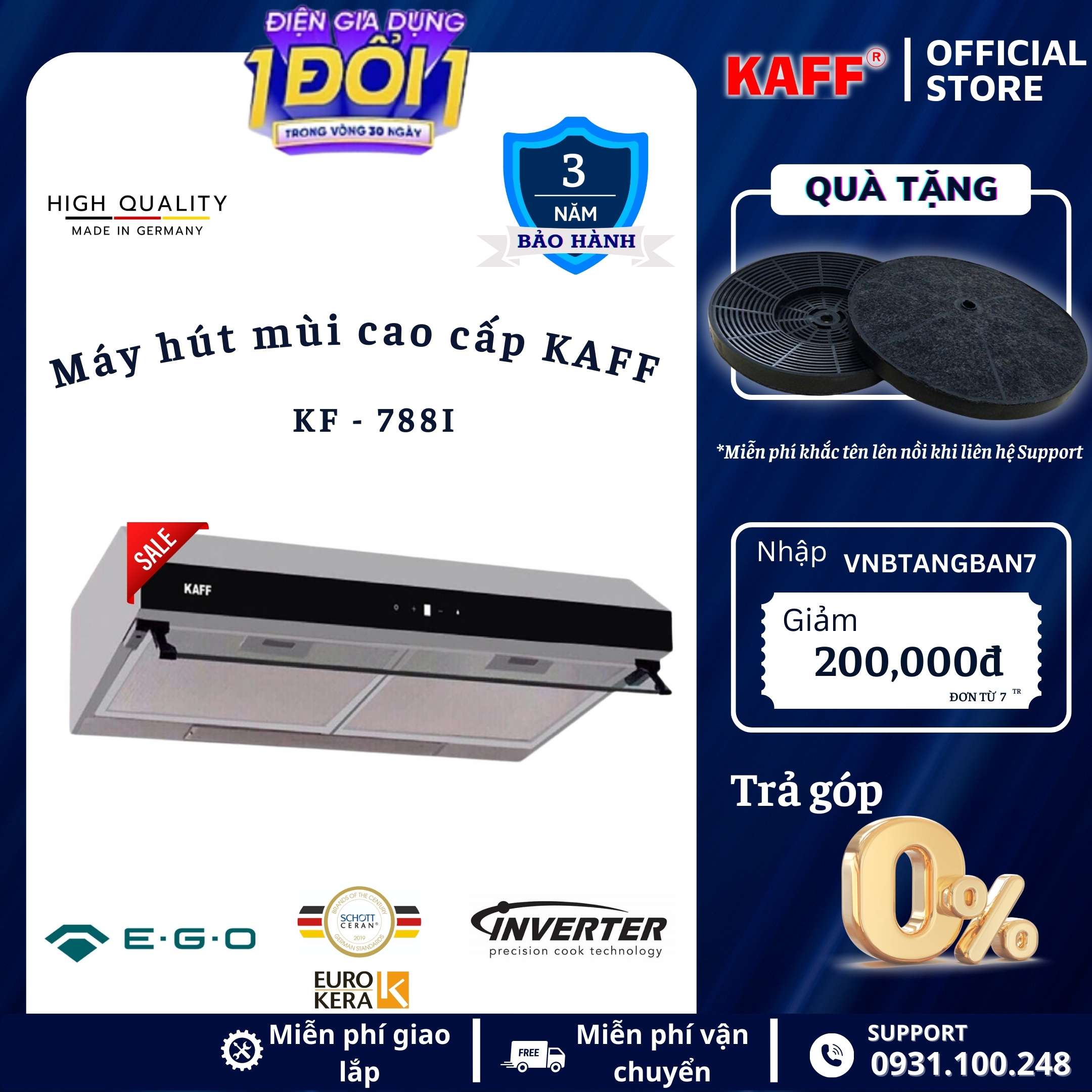 Máy hút mùi cổ điển inox phối kính cảm ứng 700mm KAFF KF-788I Tặng bộ lọc than thay thế - Hàng Chính Hãng