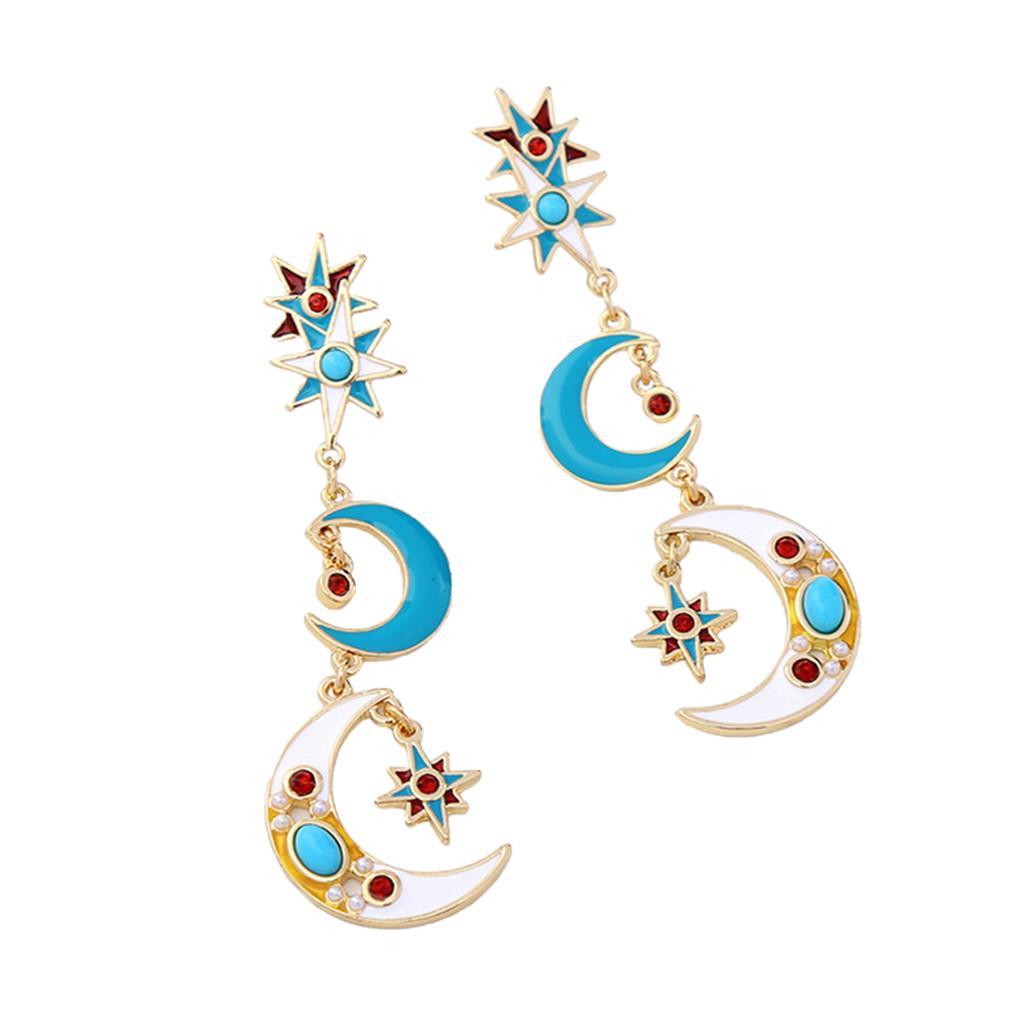Trendy Enamel Charms Earrings Gold Stars Moon Dangle Earrings