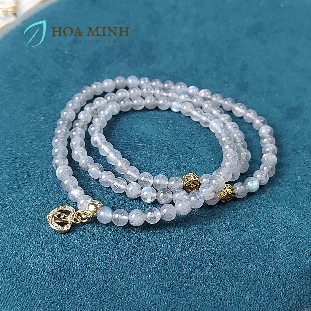 Vòng tay chuỗi 108 hạt đá xà cừ Labradorite Hắc Nguyệt Quang tự nhiên phối charm kim tiền, trái tim ổ khóa đính đá