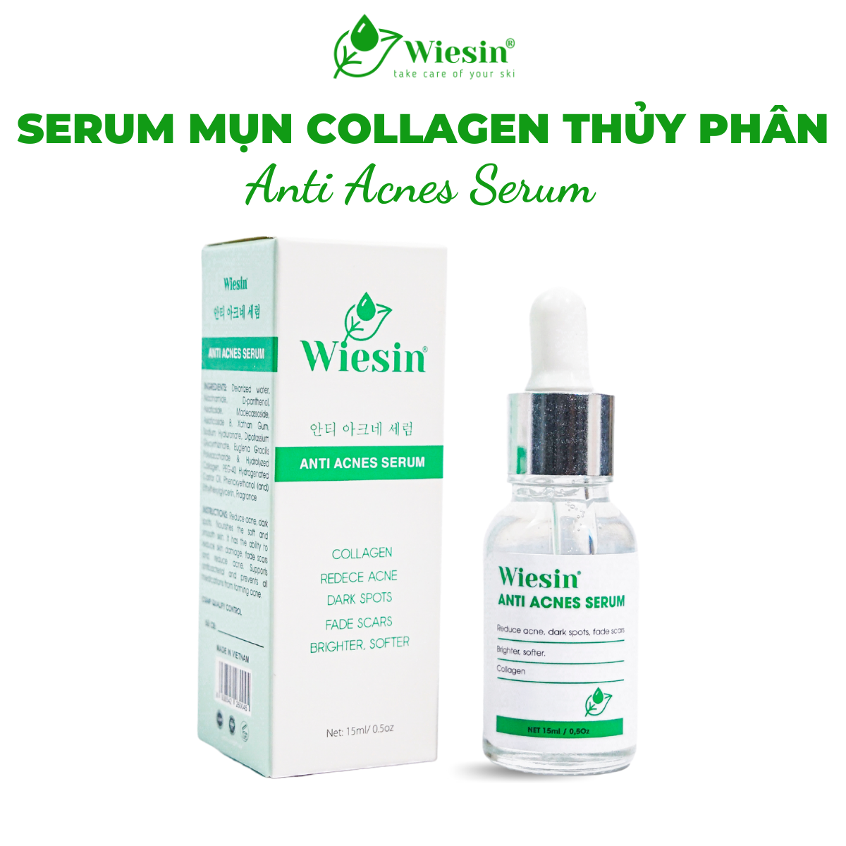 Serum giảm mụn mờ vết thâm, ngăn ngừa mụn ẩn và mụn đầu đen "Collagen Thủy Phân" Wiesin Anti Acnes Serum 15ml - WS04