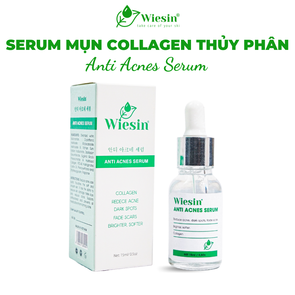 Serum giảm mụn mờ vết thâm, ngăn ngừa mụn ẩn và mụn đầu đen &quot;Collagen Thủy Phân&quot; Wiesin Anti Acnes Serum 15ml  - WS04