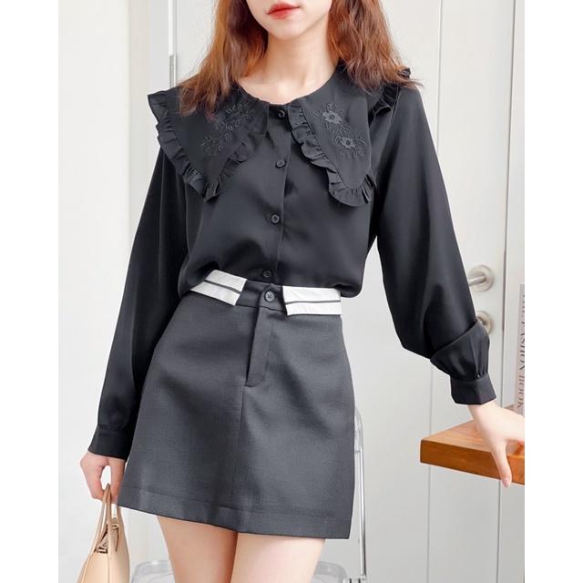 Áo sơ mi nữ cổ bèo thêu hoa nổi dài tay a238320 germe