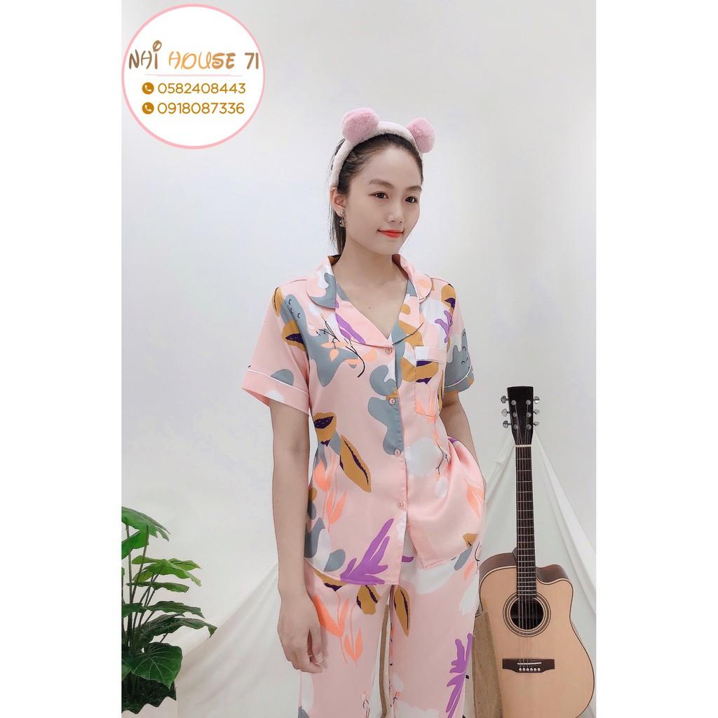 Bộ lụa Pijama NHIHOUSE71 Bộ Quần Dài Tay Ngăn Lụa Satin In Chú Tuần Lộc Noel Dễ Thương