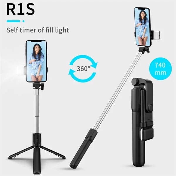 Gậy Tripod 3 Chân Selfie Stick R1S Tích Hợp Đèn Trợ Sáng Chụp Hình kèm dây sạc ( Kết Nối Bằng Bluetooth )