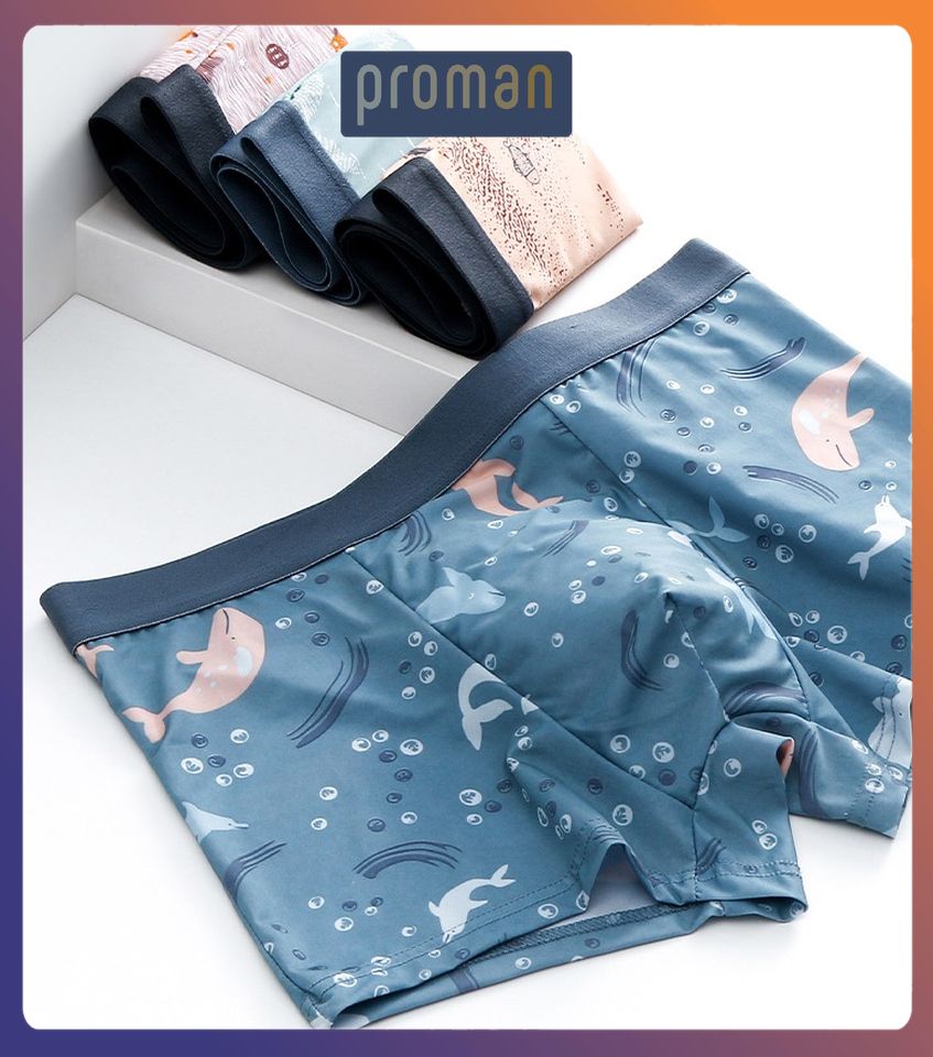 Quần lót nam boxer lụa in hình co dãn 4 chiều, quần sịp đùi nam hoạt hình chất lụa thấm hút SL03 - PROMAN
