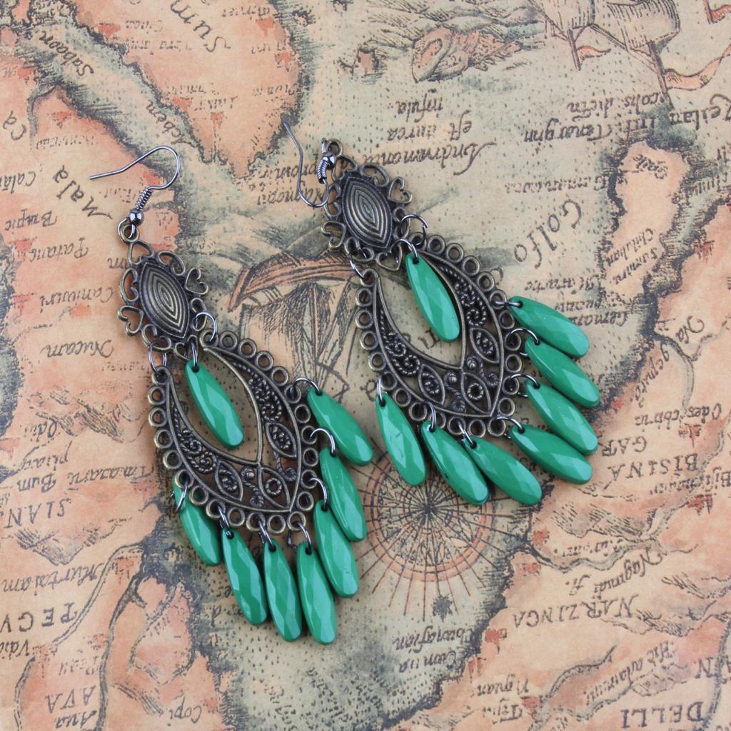 Women Behomia Hollow Flower Alloy Hook Style Earringd Ethnic Odd Beads Dangle Long Tassel Fringe Earrings