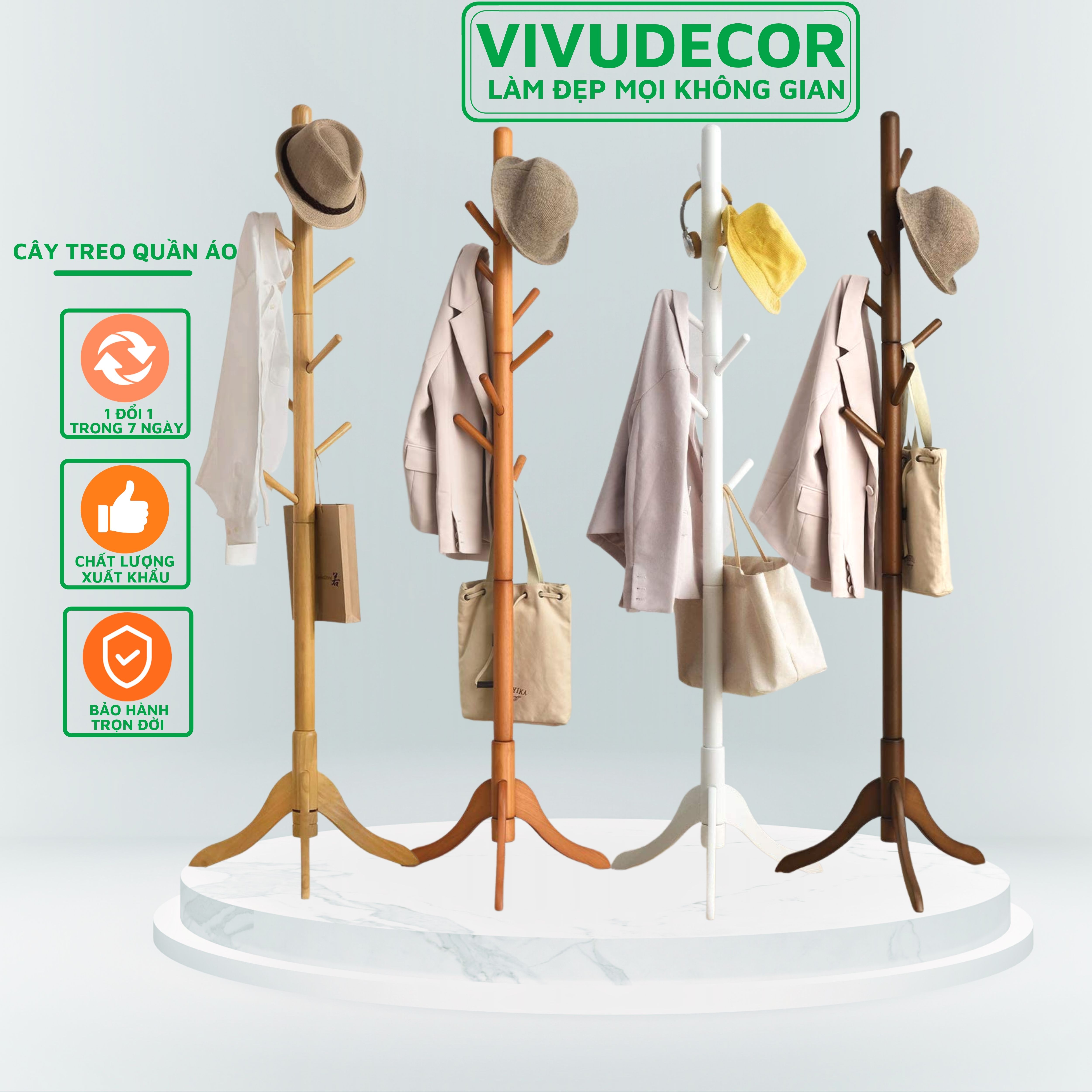 Cây treo quần áo VIVUDECOR CT08 100% gỗ tự nhiên 8 nhánh