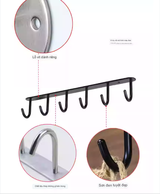 Giá 6 Móc treo dụng cụ không cần khoan Hanger Germany Inox 304 - tặng kèm keo dán