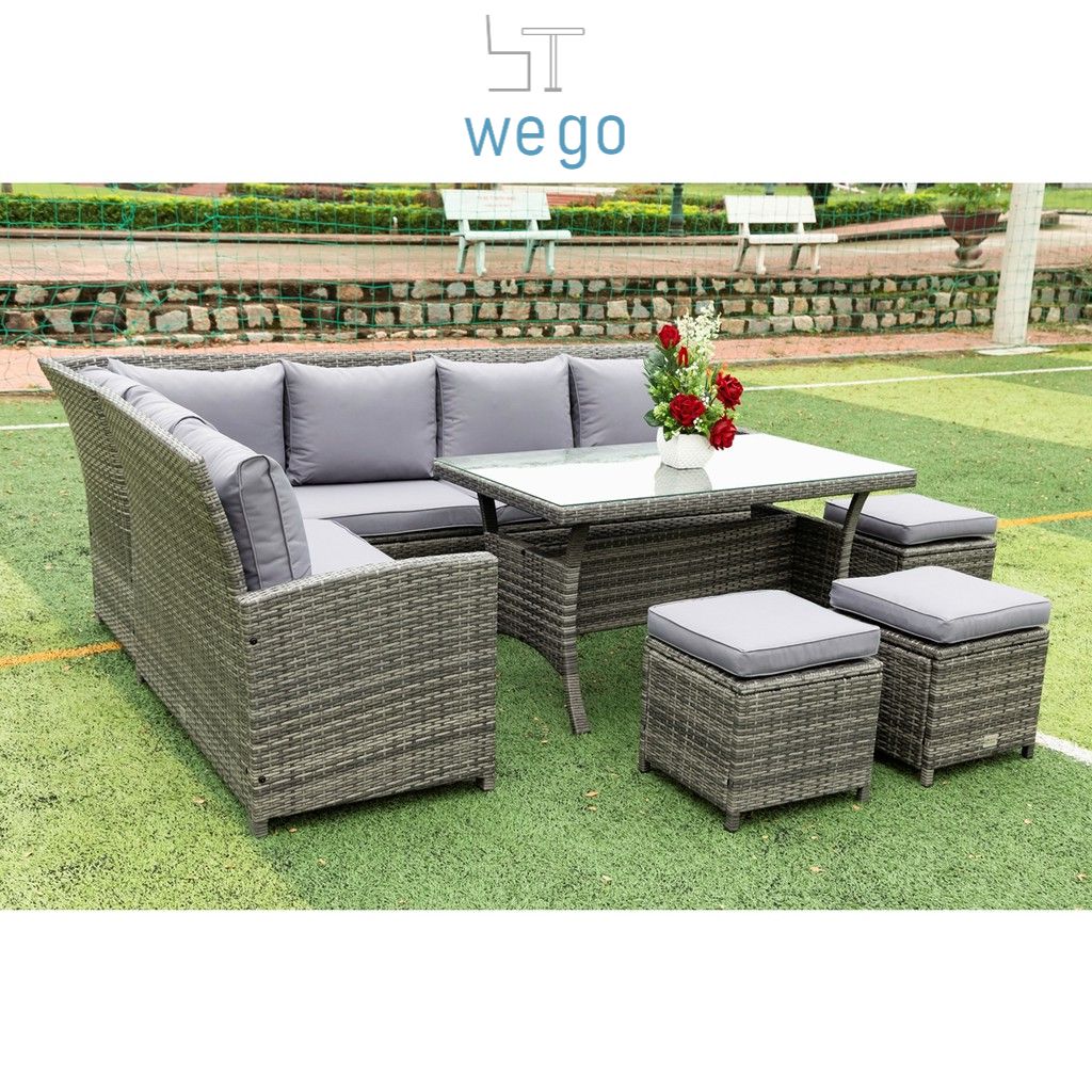 WEGO Bộ sofa nhựa giả mây ngoài trời/ Bộ Sofa sân vườn 7 chỗ ngồi // Outdoor Furniture Rattan Chair Sofa Dining Set Balcony Table Garden 7 seater