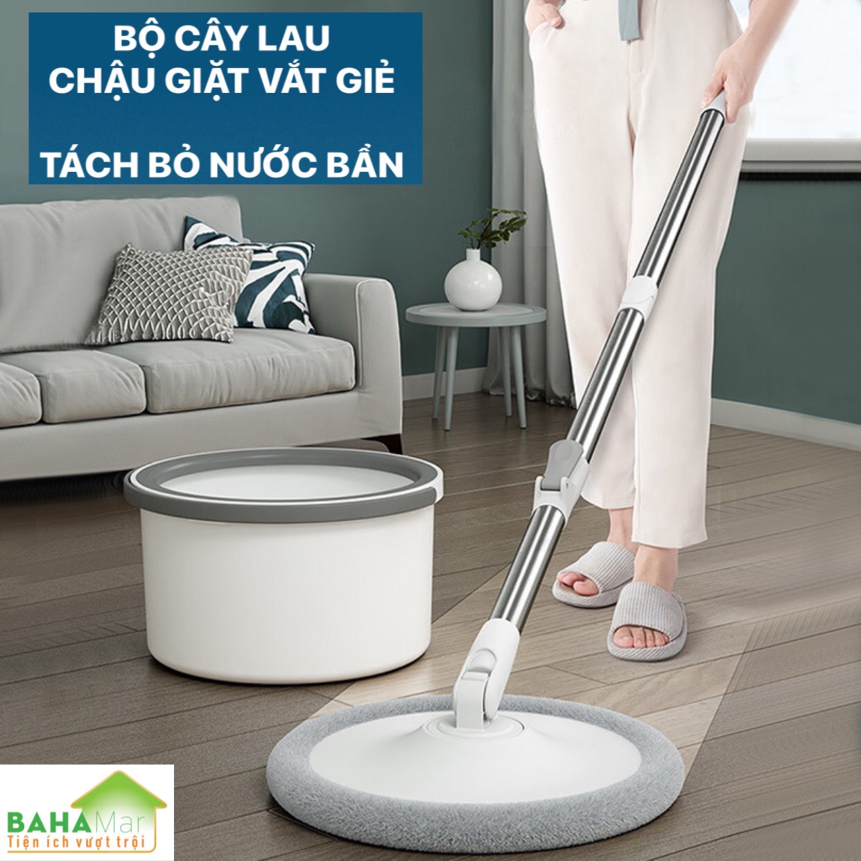 BỘ CÂY LAU SÀN   CHẬU GIẶT VẮT GIẺ CÓ TÁCH BỎ NƯỚC BẨN  BAHAMAR  thuận tiện lau và giặt giẻ