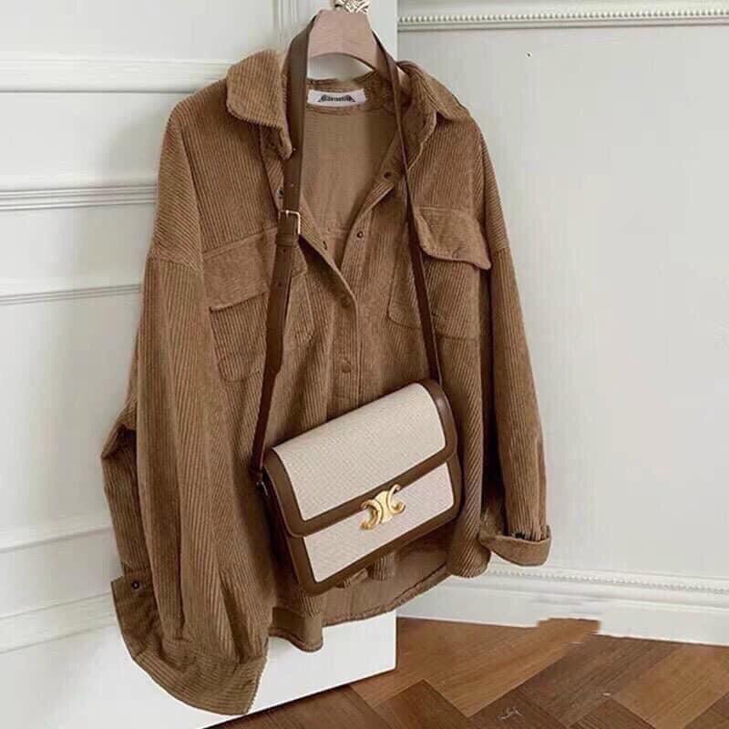 Áo sơ mi trơn sơ mi nắp túi 2 bên thụng phom rộng dài tay, sơ mi một màu nâu nữ xinh xắn