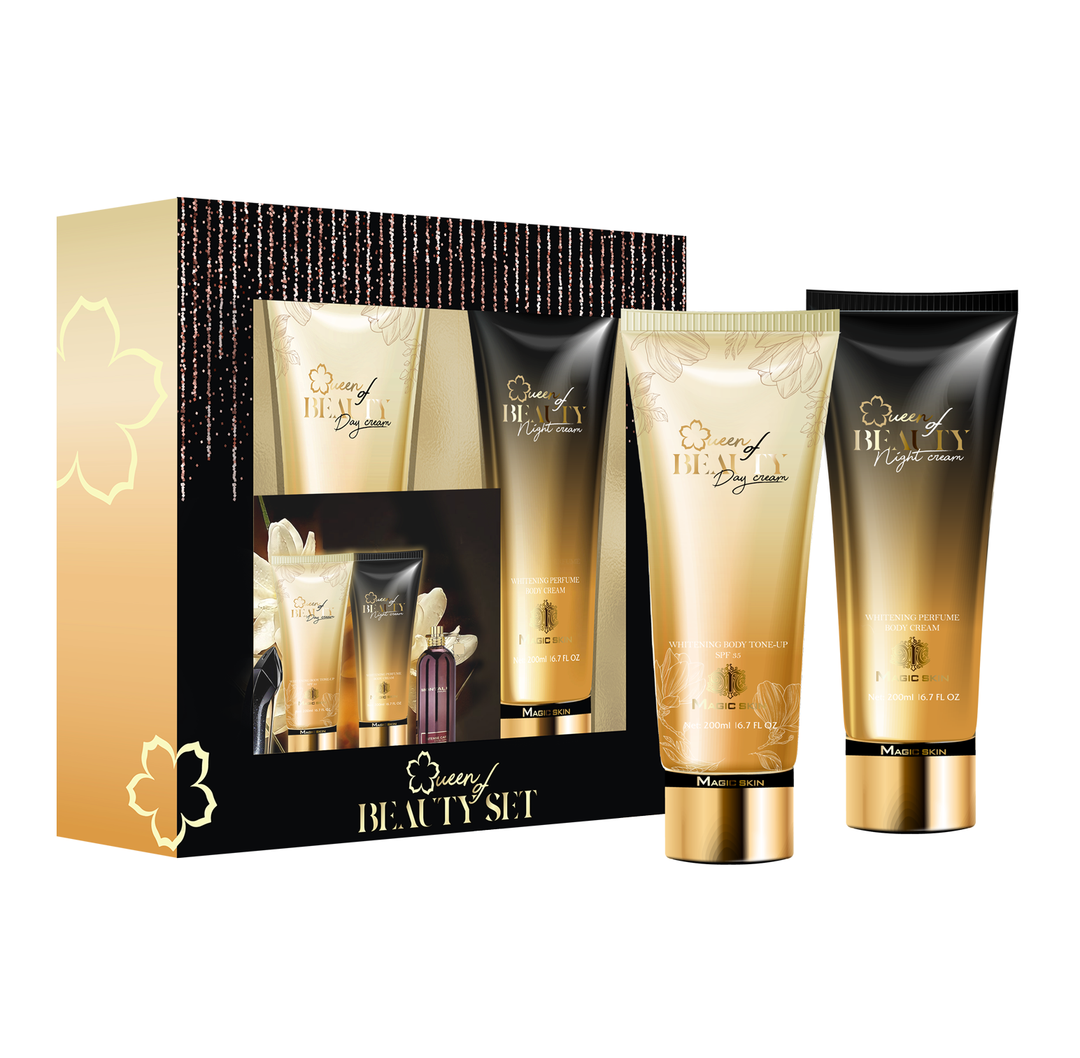 Bộ Đôi Sữa Dưỡng Truyền Trắng Nước Hoa Queen Of Beauty Magic Skin - Tái Sinh Làn Da Mới Đẹp Kiêu Sa