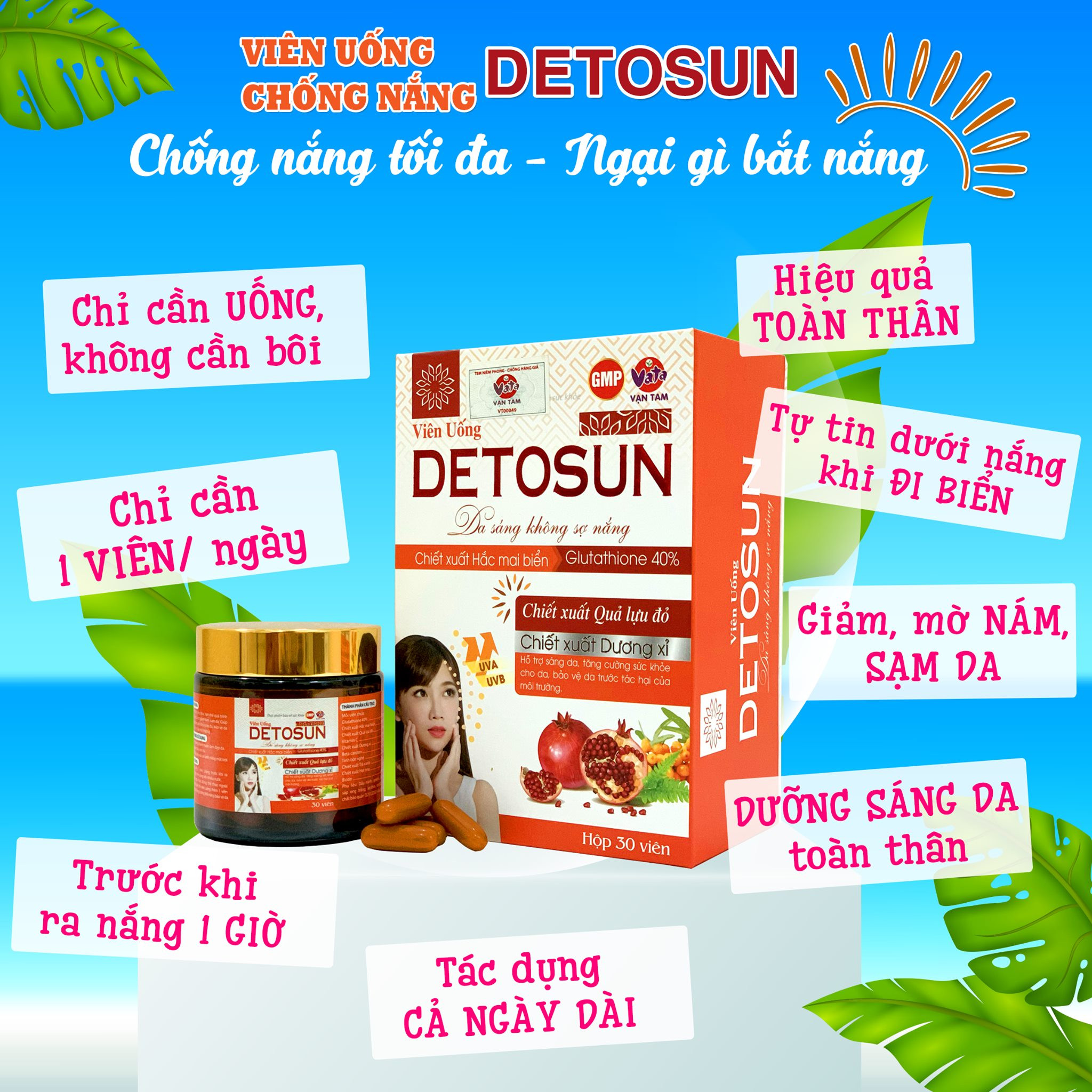 Viên Uống Giảm Nám Trắng Da Chống Nắng DETOSUN