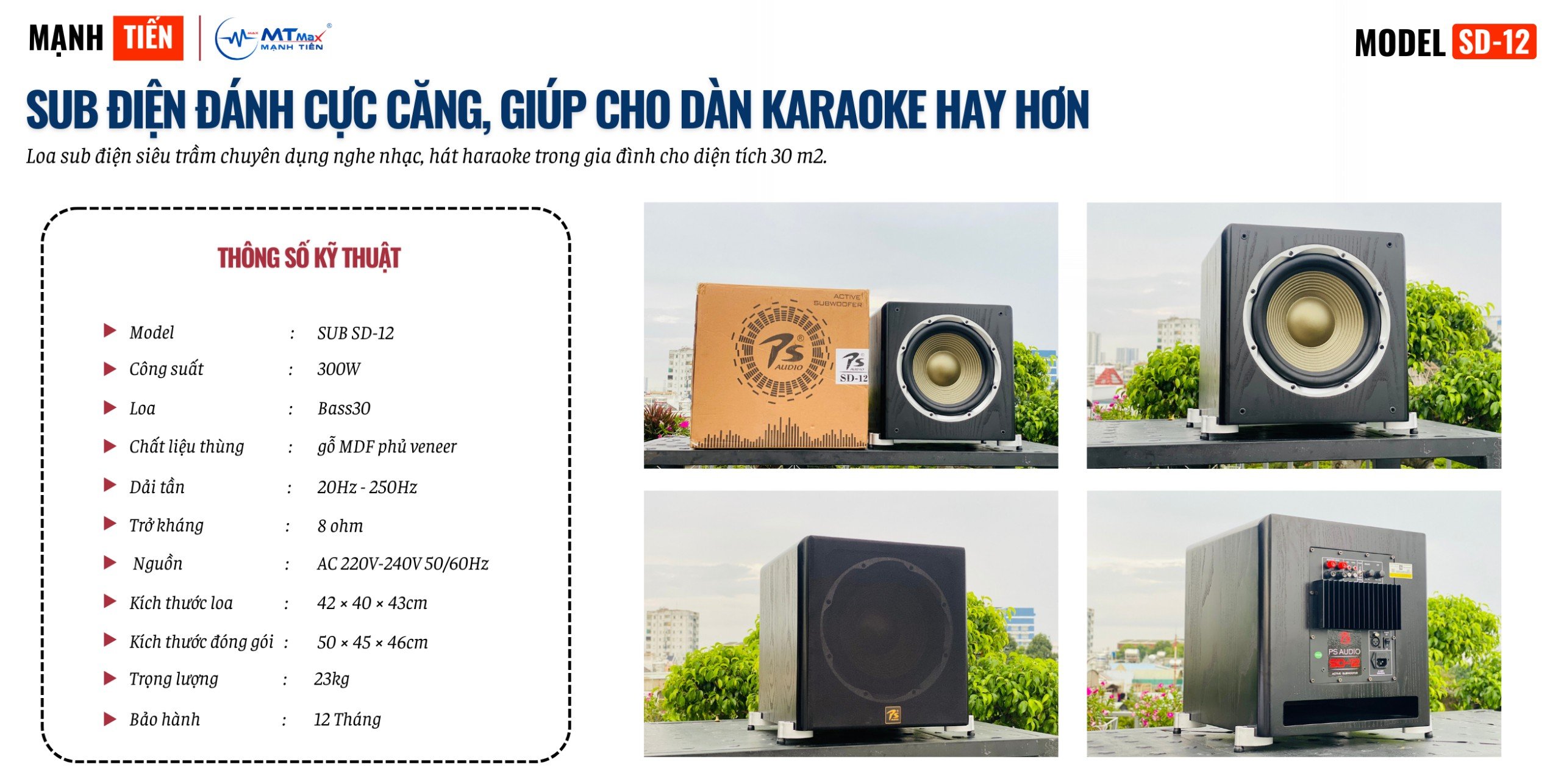 Sub Điện SD12 Chuyên Dụng Nghe Nhạc, Hát Karaoke Bass30 Công Suất 300W - 500W Cho Diện Tích 30m2  hàng chính hãng