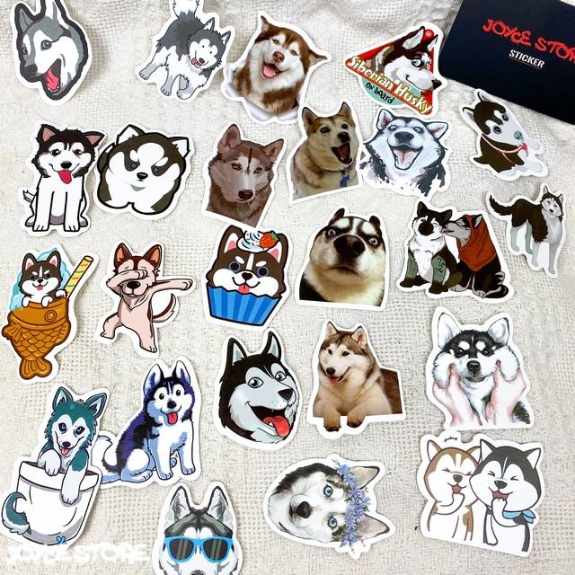 Bộ 50 Sticker (nhãn dán) CHÓ HUSKY NGÁO NGƠ - trang trí nón bảo hiểm, ghi-ta, tủ lạnh, máy tính