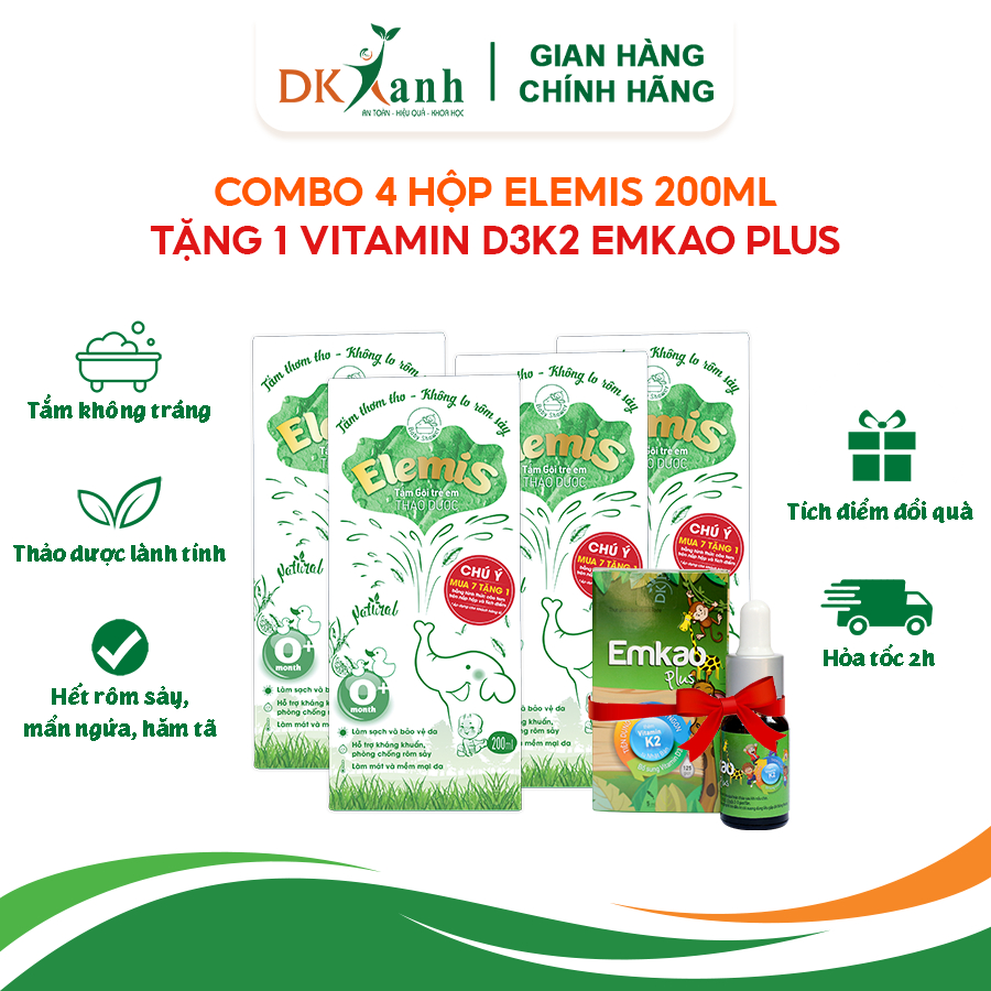 Combo 4 chai Nước tắm bé Elemis 200ml/chai tặng 1 Emkao Plus (hàng đã tích điểm) - DK Pharma