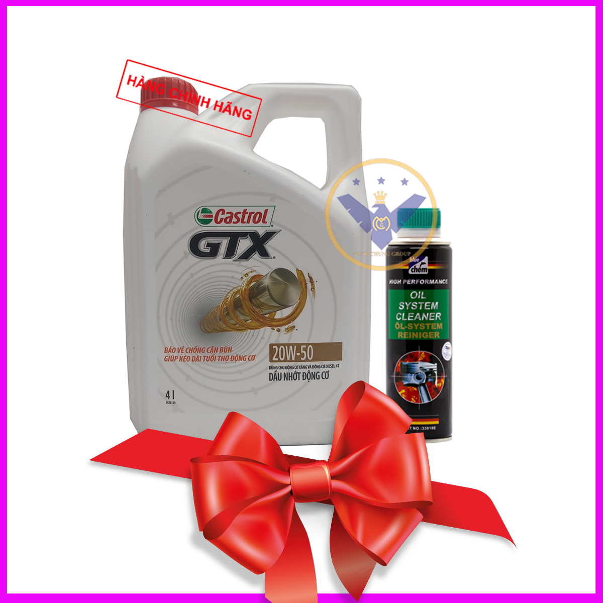 COMBO nhớt ô tô cao cấp Castrol GTX 20W-50 can 4L + Súc rửa động cơ Bluechem 250ml