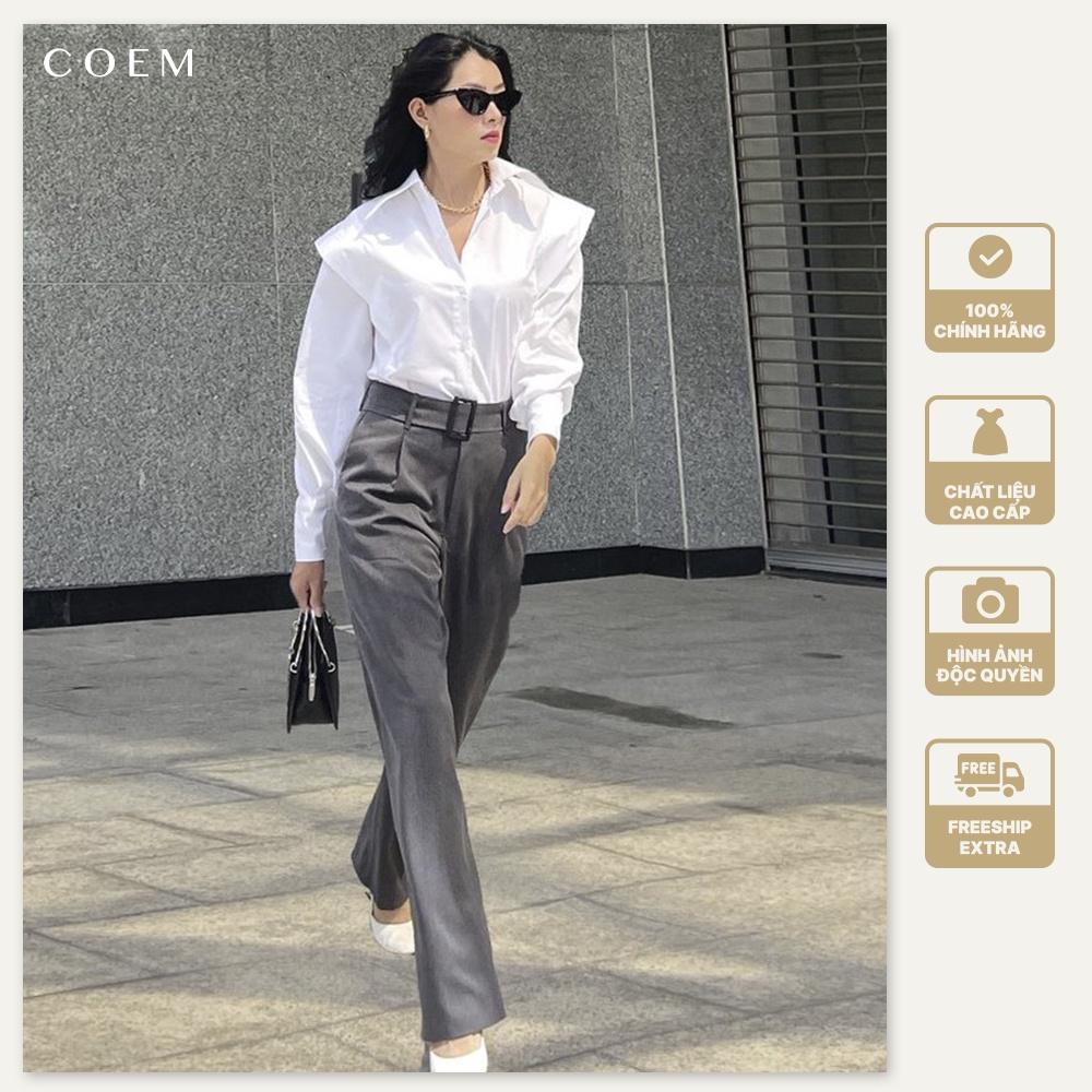 Quần Tây Nữ Ống Loe Cạp Cao Màu Xám Chất Liệu Kaki Mềm CO EM Thiết Kế Dáng Suông Phong Cách Công Sở Thời Thượng