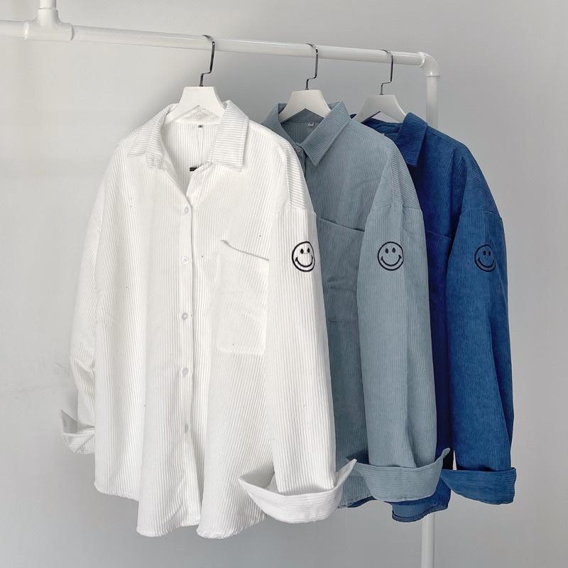 Áo sơ mi nhung mặt cười ảnh thật Ulzzang